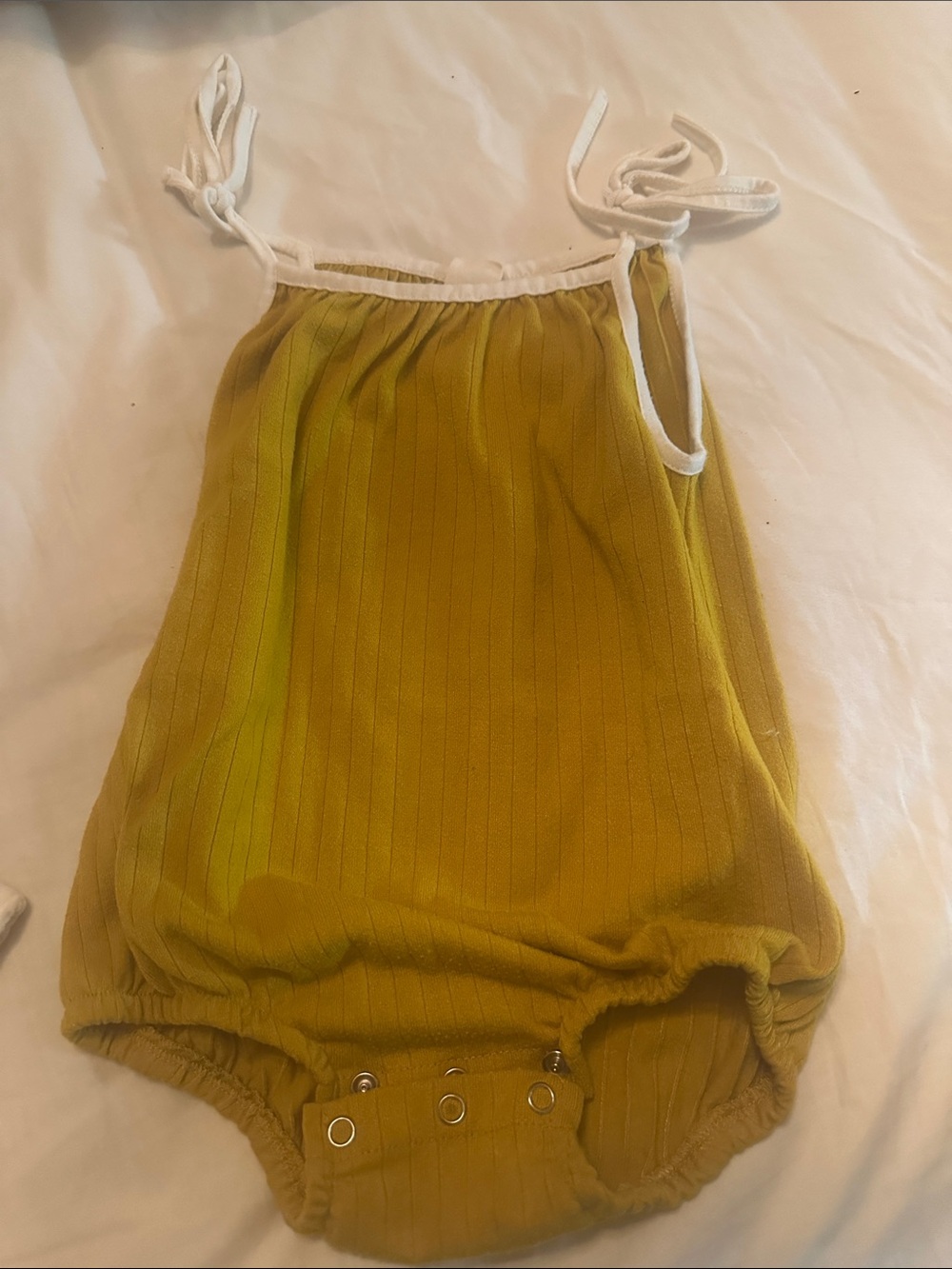 Mustard Yellow Ribbed Baby Romper with White Tie Straps